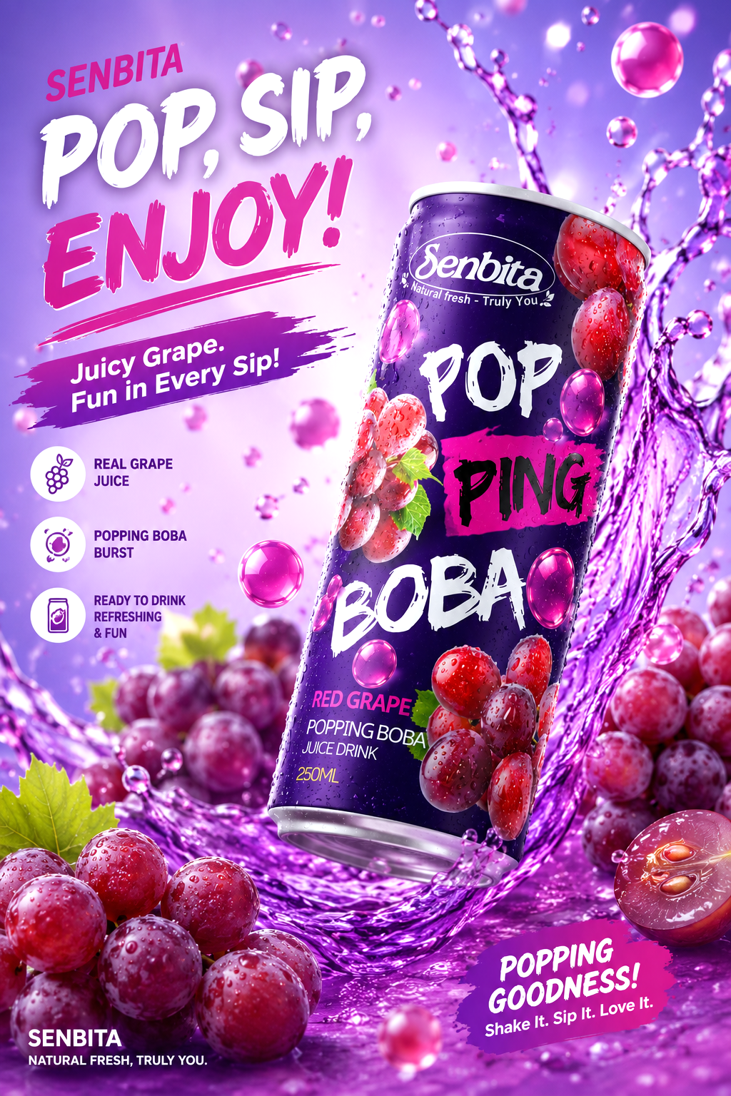 Red Grape Popping Boba Juice 250ml